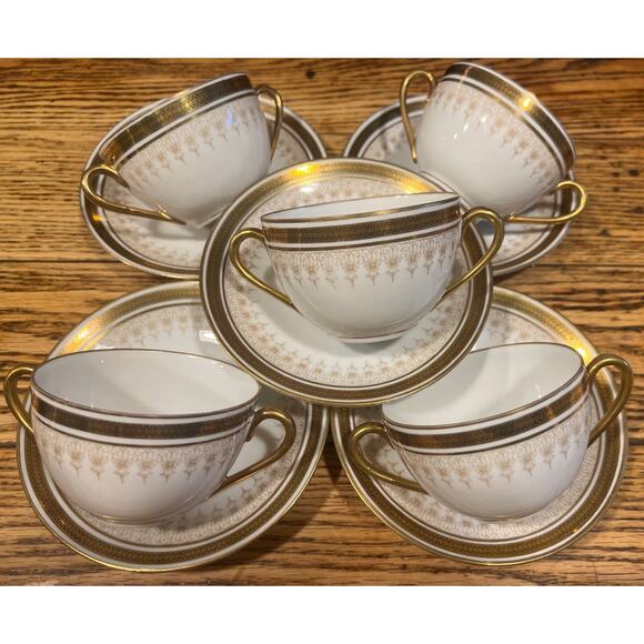 10 PIECE SET Imperial China GOLD Cream Soup Bouillon Cups +Saucers GREEN LION EX - Picture 9 of 9